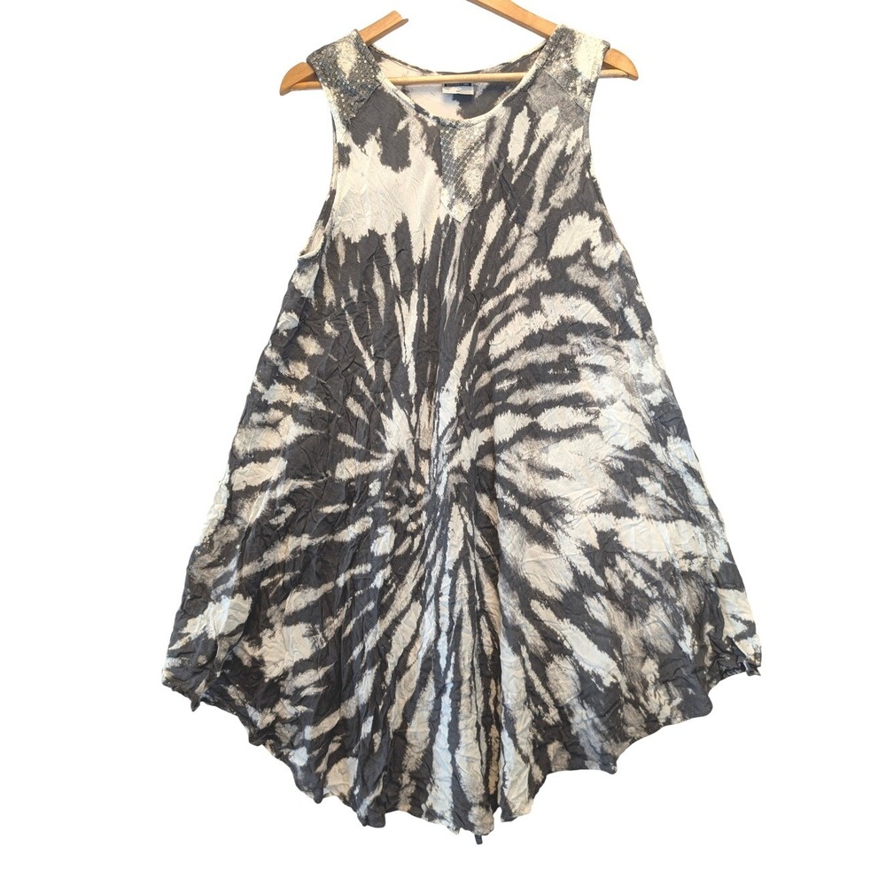 Shoreline Black White Tie Dye Sequin Accent Sharkbite Trapeze Dress 1X